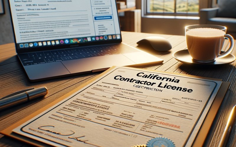 California CSLB contractor license and insurance documents on a desk for an ADU builder in Palo Alto