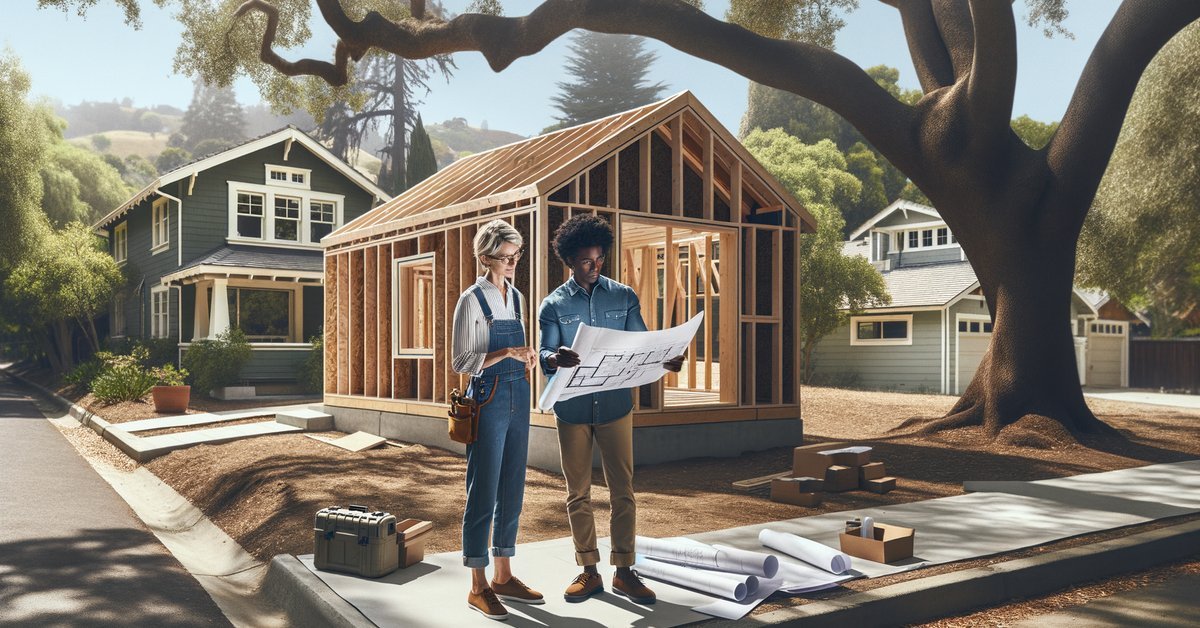 Homeowner and ADU builder reviewing blueprints outside a framed accessory dwelling unit in a Palo Alto neighborhood