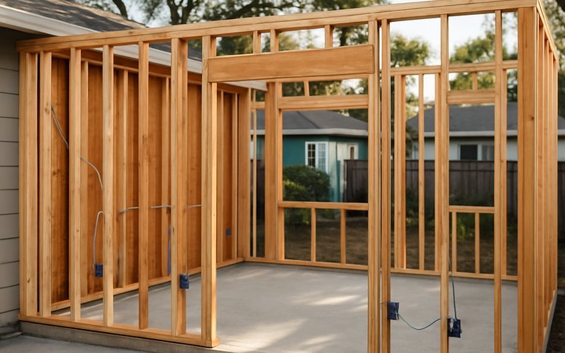 Room addition framing on a Palo Alto home showing new construction attached to existing structure