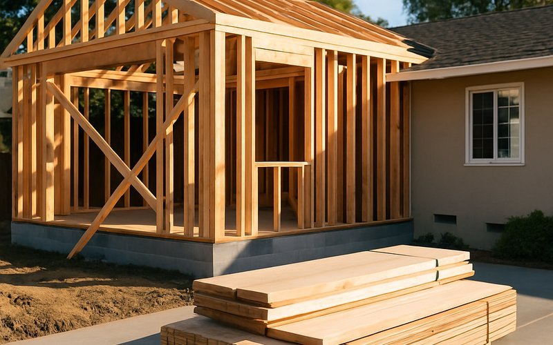 Room addition under construction on an existing Palo Alto home showing new framing connecting to the original structure