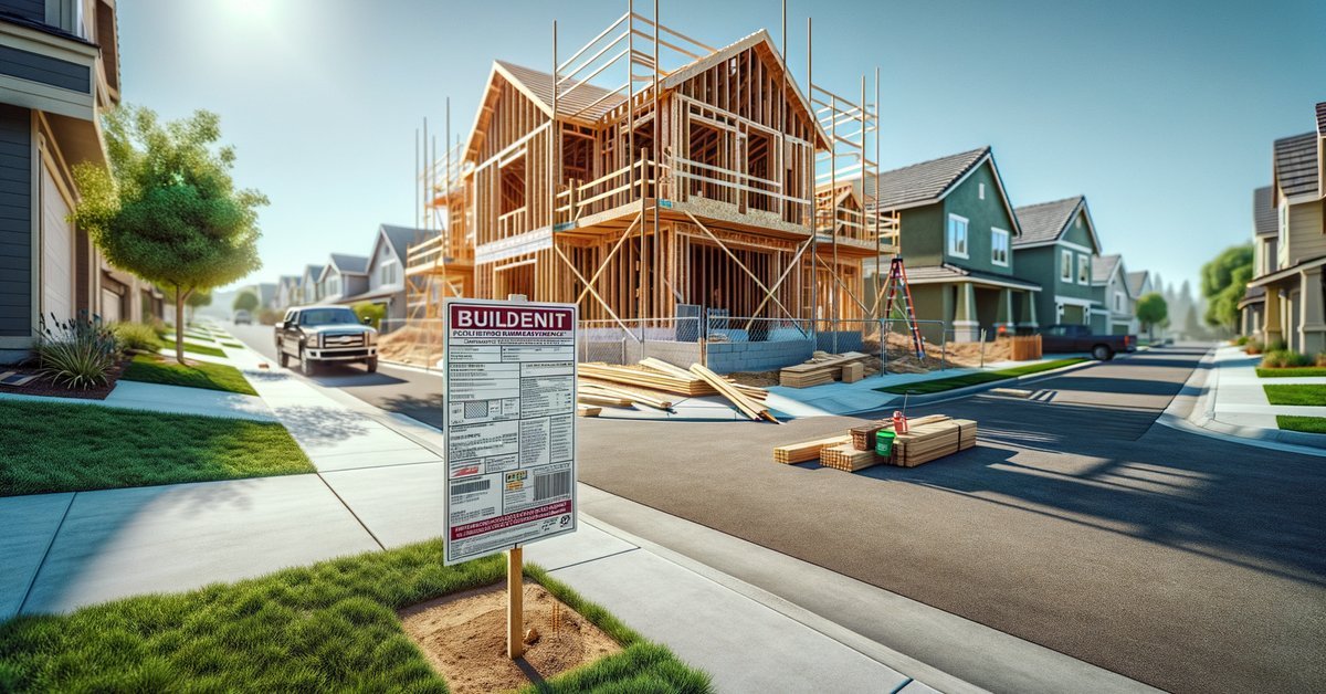New home construction site in San Jose CA with building permit placard posted at the front of the lot