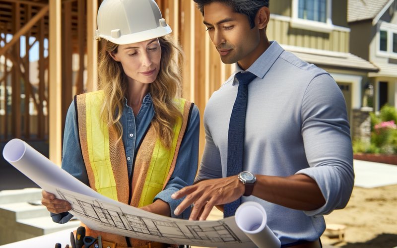 Licensed builder reviewing new home construction plans with homeowner on a San Jose CA job site
