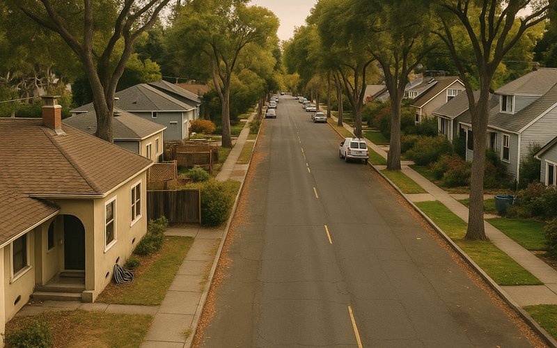 Palo Alto neighborhood street showing homes with backyard ADUs built for rental income