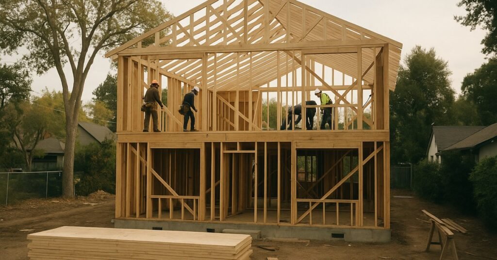 Custom home construction timeline in Palo Alto showing a framed two-story house mid-build on a residential lot