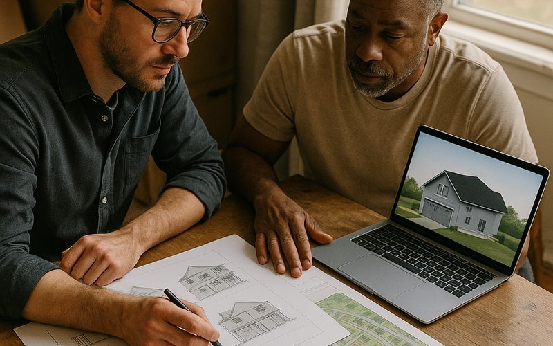 Architect reviewing design review documents for a custom home construction timeline project in Palo Alto