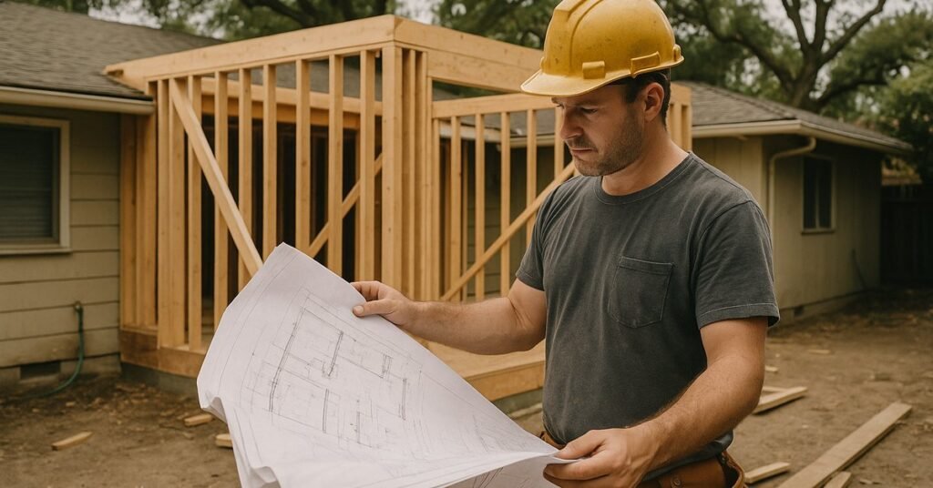 Contractor reviewing room addition permit plans at a home construction site in Palo Alto
