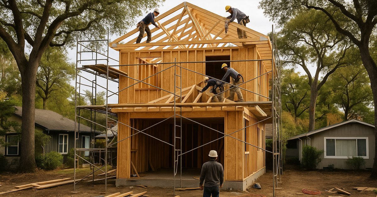 Second-story addition under construction on a single-story home in Palo Alto, showing framing and cost-driving structural work