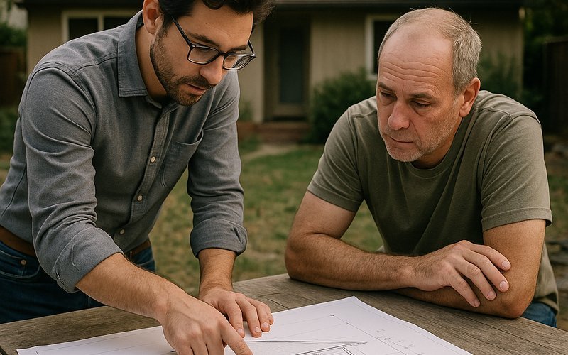 Architect reviewing R-1 height limit plans for a second-story addition in Palo Alto