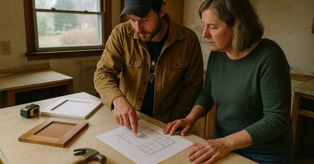 Contractor and homeowner reviewing a small kitchen remodel layout plan in a Palo Alto mid-century home