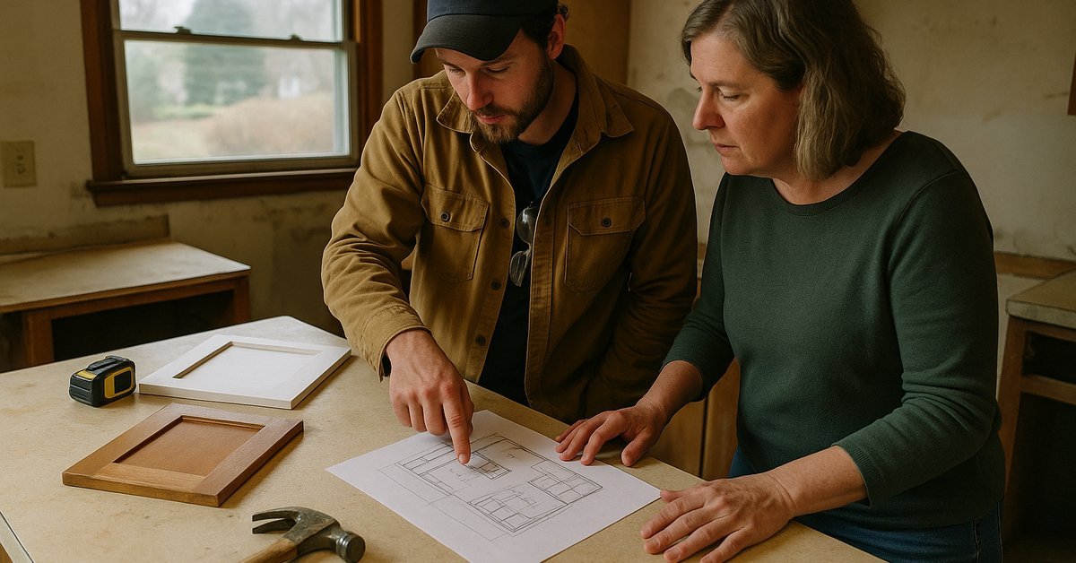 Contractor and homeowner reviewing a small kitchen remodel layout plan in a Palo Alto mid-century home