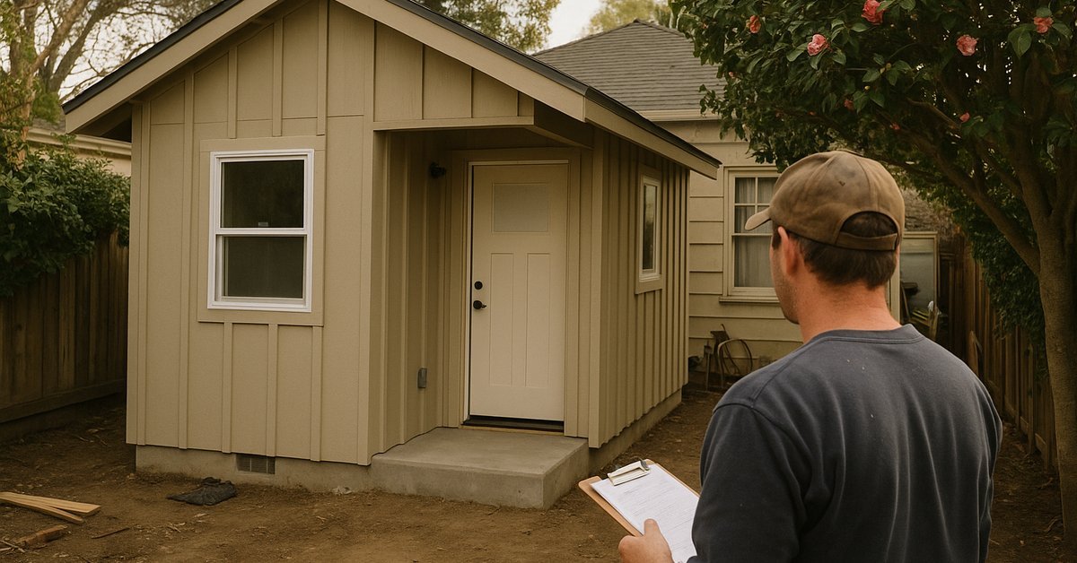 Detached ADU nearing completion in a narrow San Mateo back garden