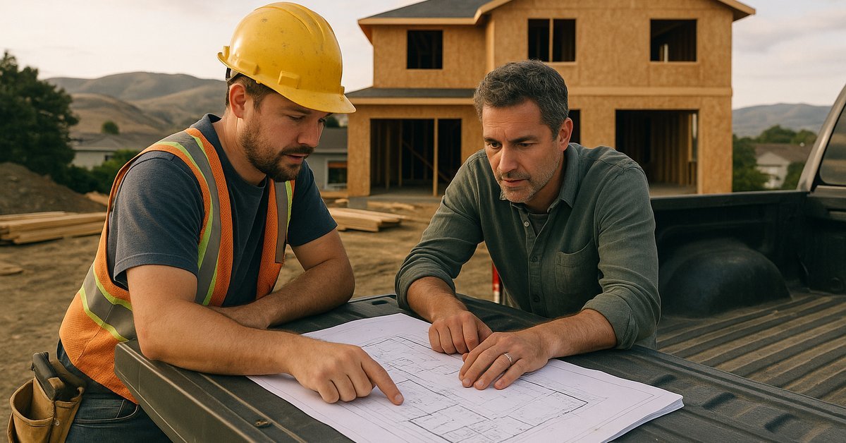 Builder reviewing plans with a homeowner at a Bay Area home construction site