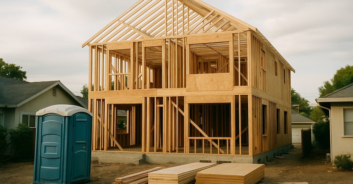 Custom home under construction between older single-storey homes in Mountain View