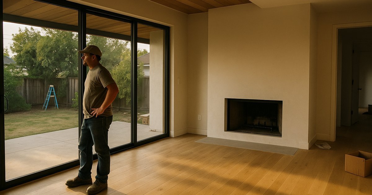 Interior of a completed San Jose custom home with deep overhang shading a west glass wall