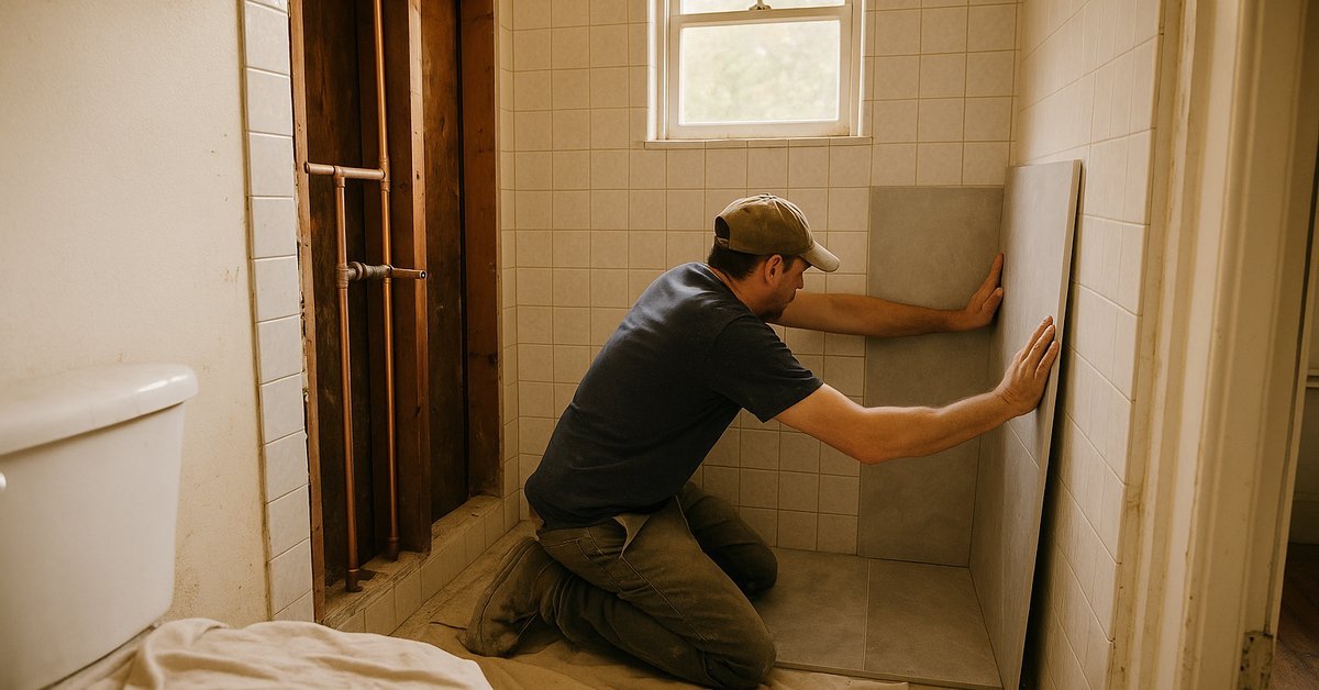 Bathroom renovation in progress in a Palo Alto home with new plumbing exposed