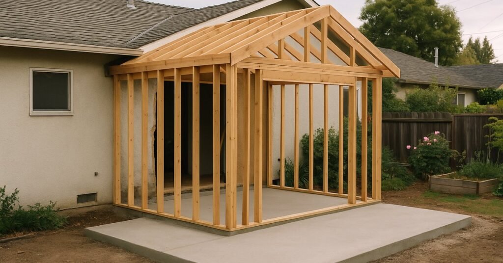 Rear room addition being framed onto a single-storey Mountain View home