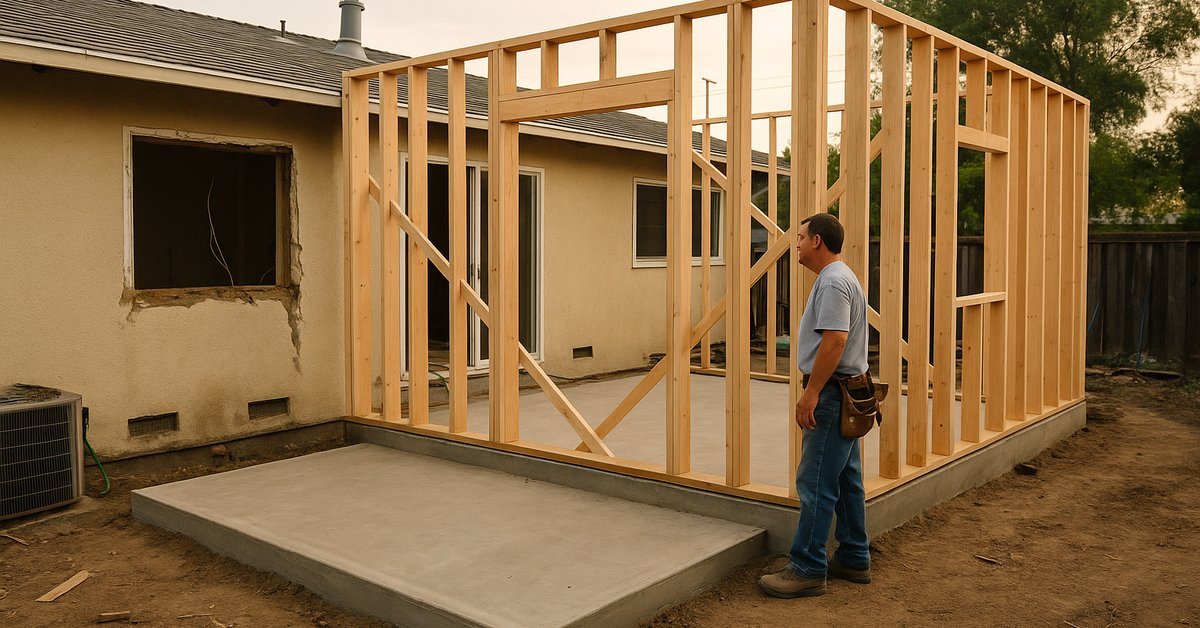 Rear room addition being framed onto a single-storey Santa Clara ranch home