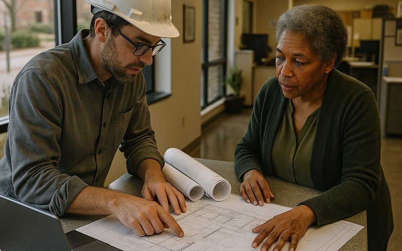 Architect discussing a room addition design review timeline at the Palo Alto Development Services Center