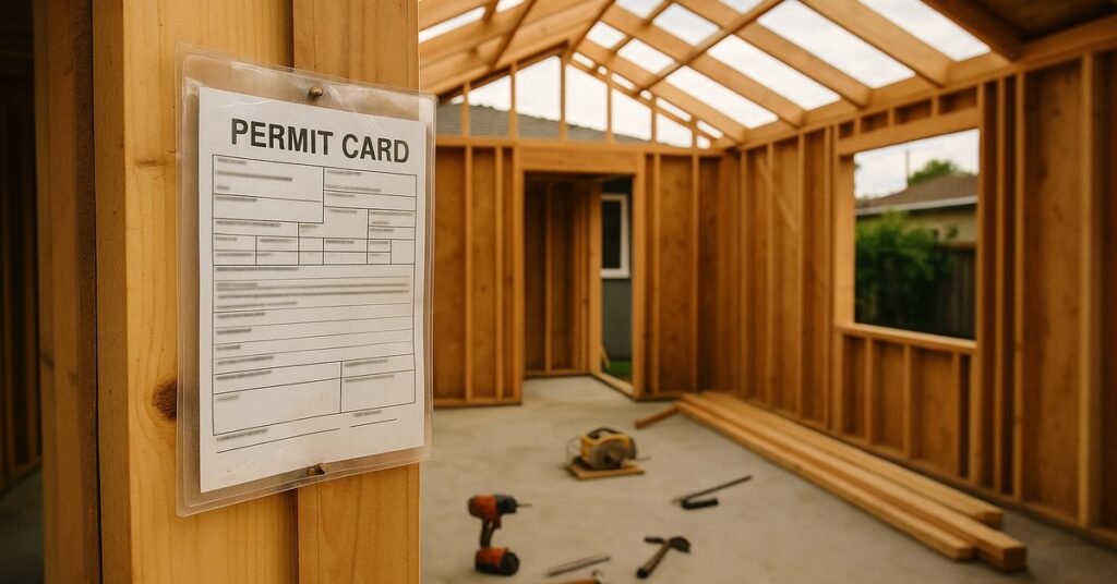 Building permit posted at a room addition under construction in San Jose