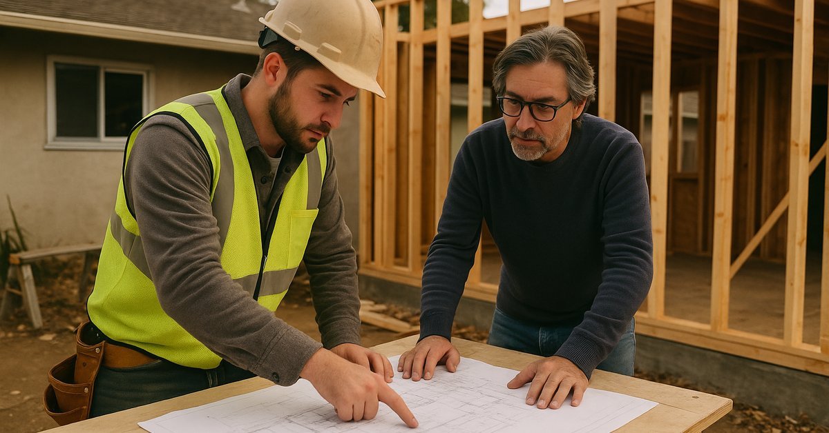 Contractor and homeowner reviewing a room addition timeline for a Palo Alto home under construction