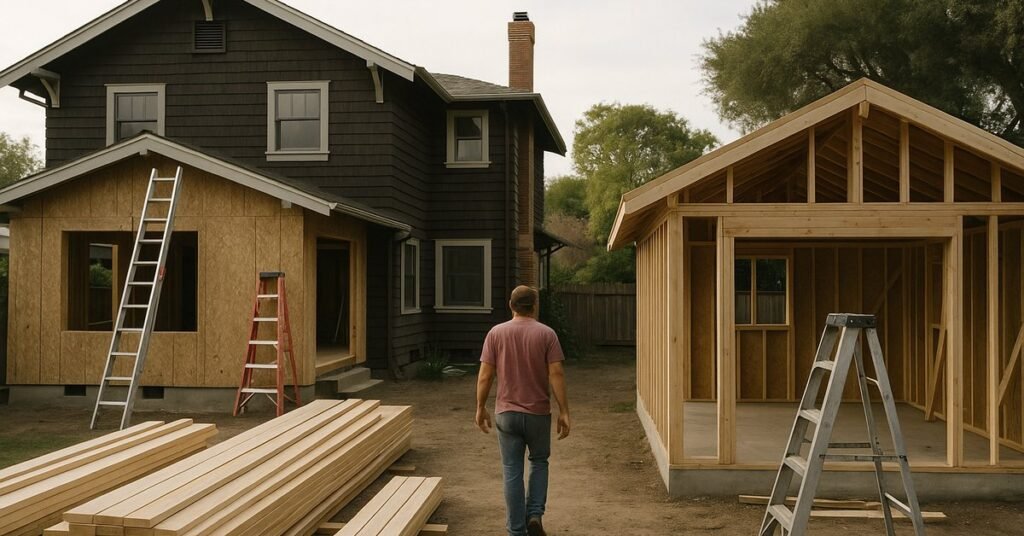 Comparison of a room addition and backyard ADU under construction on a Palo Alto home, illustrating room addition vs ADU Palo Alto options
