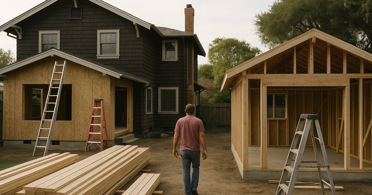 Comparison of a room addition and backyard ADU under construction on a Palo Alto home, illustrating room addition vs ADU Palo Alto options