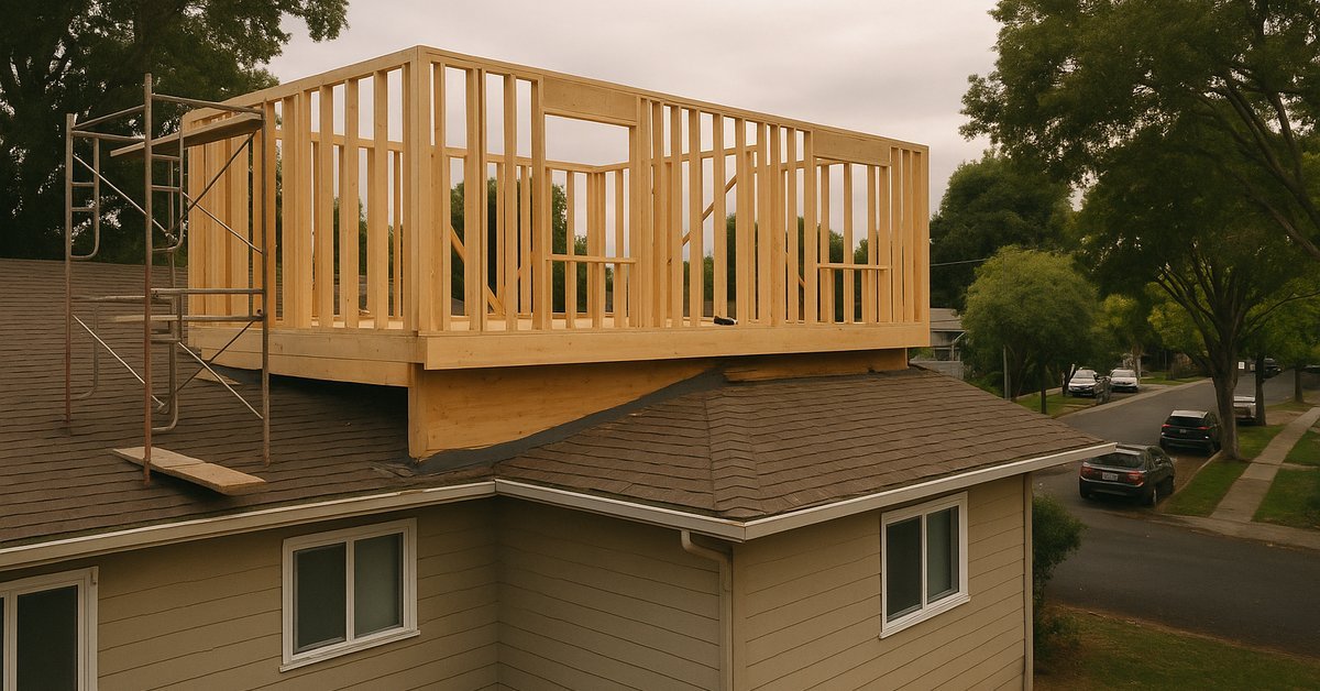 Second-storey addition being framed on a San Jose ranch home