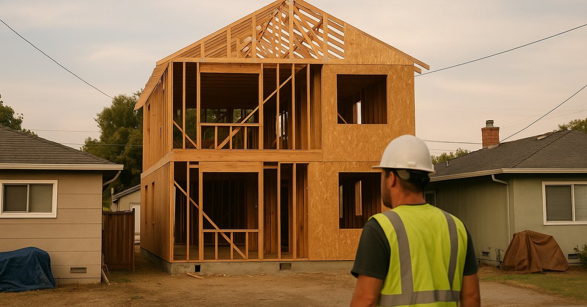New two-storey custom home framing between older ranch homes in Santa Clara